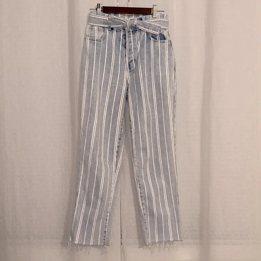 PACSUN 26 Vintage Wash Double White Stripe High Waisted Straight Leg Jeans
